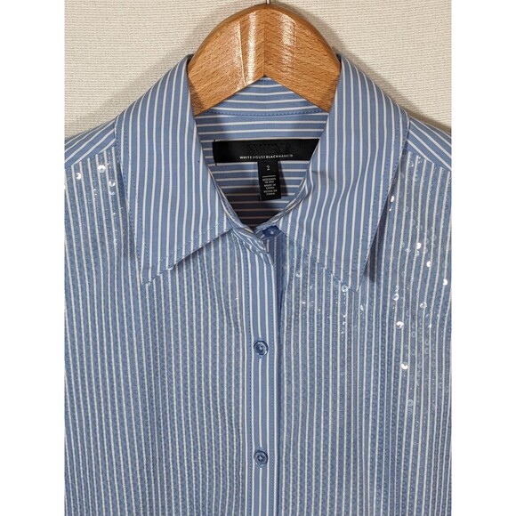 WHBM Button Down Sequin Striped Poplin Shirt Blue White Stripe Women's Size 4 - Picture 2 of 10